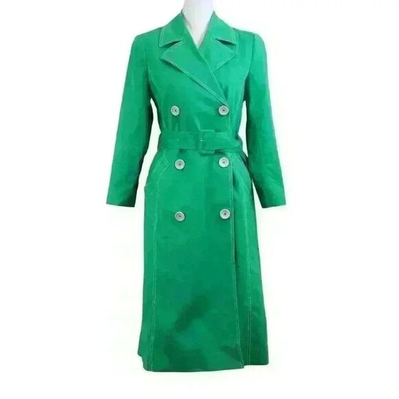 LK Bennett Bright Green Double Breasted Trench Coat Lined w/Navy Dots Size 4 - Picture 1 of 8